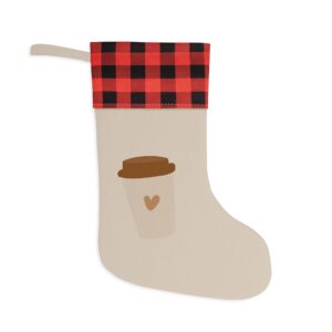 Buffalo Plaid Coffee Christmas Stocking — Cozy Red Check Holiday Stocking with Coffee Cup Design