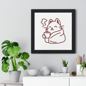 Cozy Cat Coffee Framed Poster — Cute Minimalist Cat with Mug Wall Art