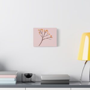 Minimal Botanical Canvas Print — Pink Branch with Orange Berries, Stretched Satin Wall Art