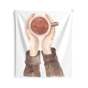 Coffee Mug Hands Tapestry — Cozy Wall Art for Kitchen & Living Room