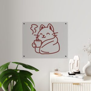 Acrylic Wall Art Panel — Cozy Cat with Coffee Minimalist Illustration