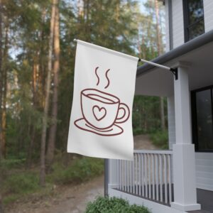 Coffee Cup House Banner — Cozy Kitchen Home Flag with Heart Mug Design